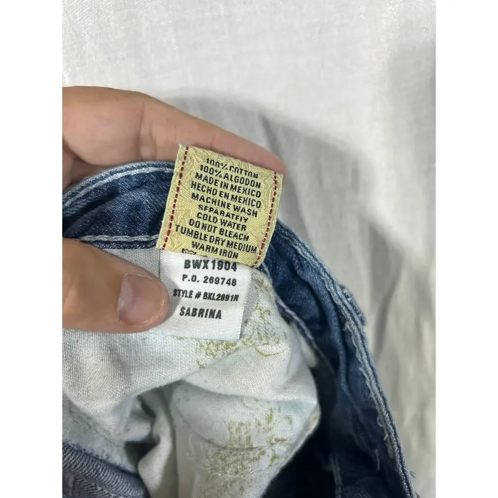 BKE Jeans 31x31.5 Sabrina Low Rise Flare Vintage Y2K Distressed Blue Denim